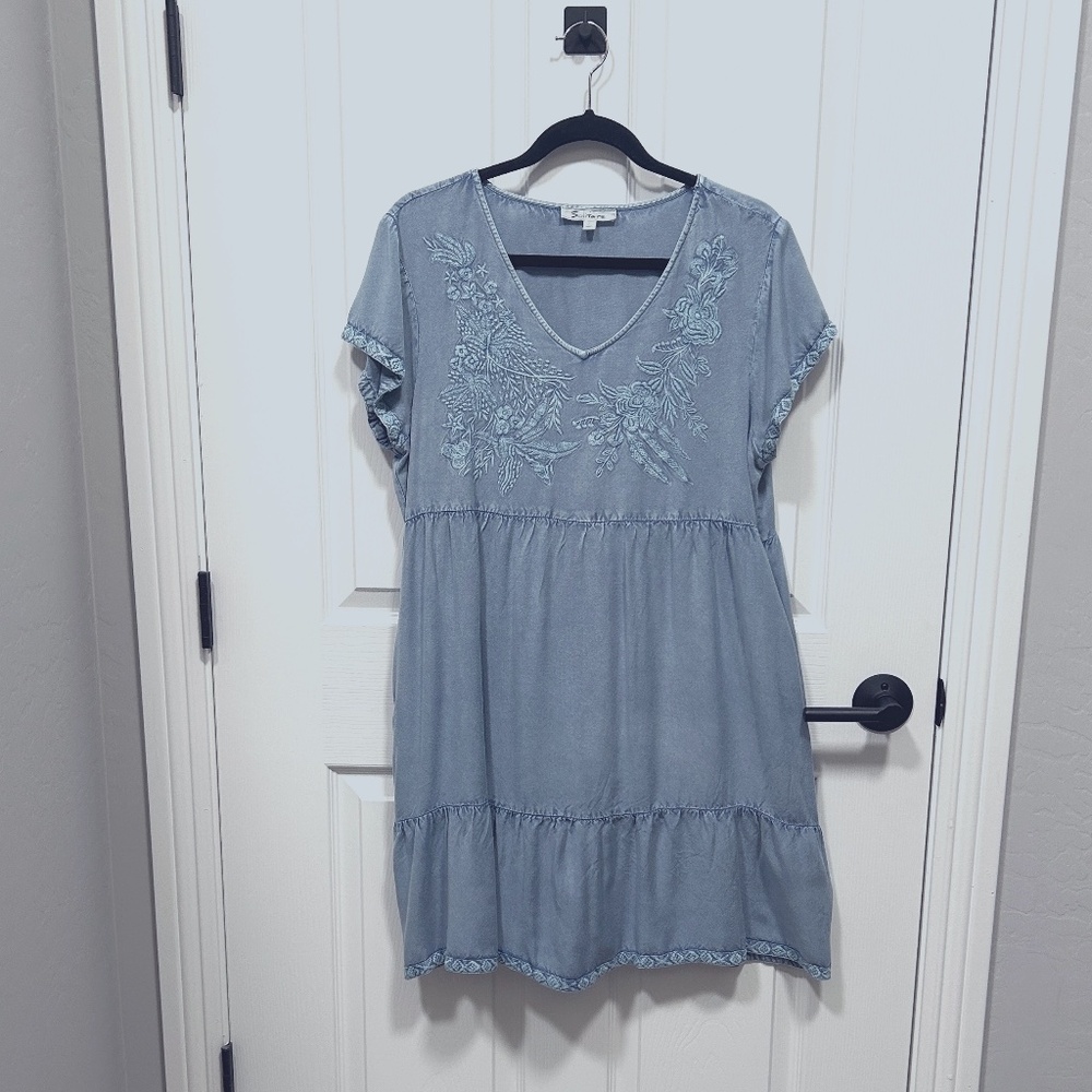 Boho style denim look dress; empire waist, embroidered, short sleeve